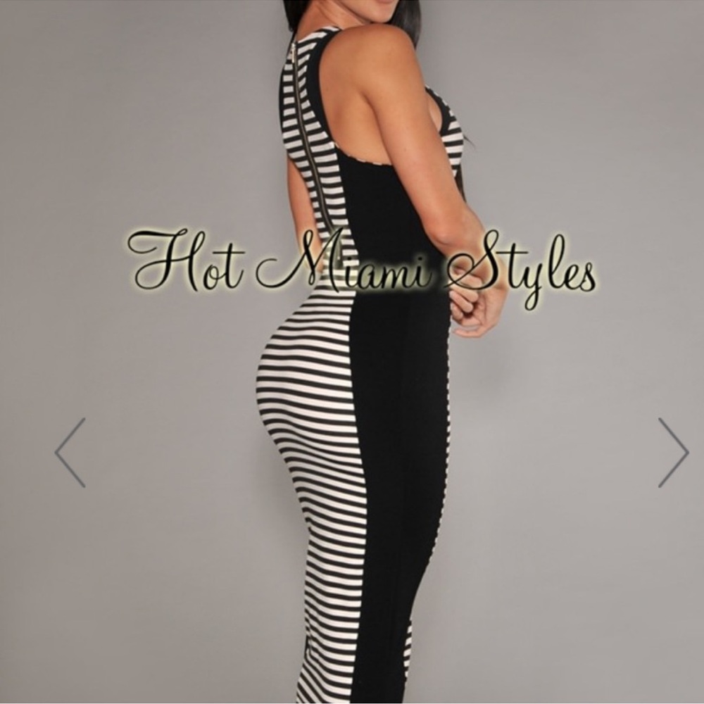 Sexy Hot Miami Styles Stretchy Black and White Striped Bodycon Dress Size Medium - Picture 6 of 7